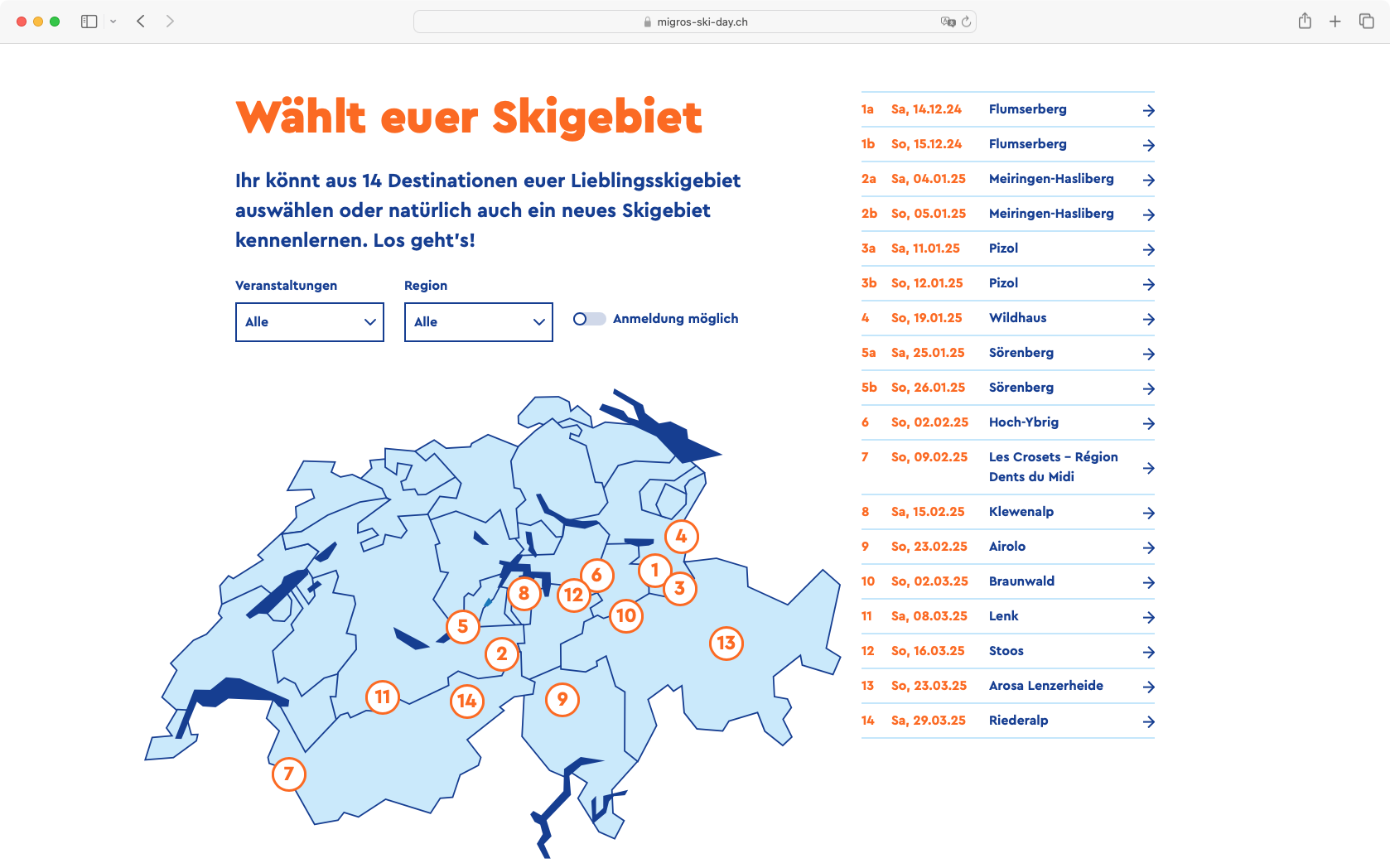 Screenshot Übersicht Skigebiete Migros Ski Day