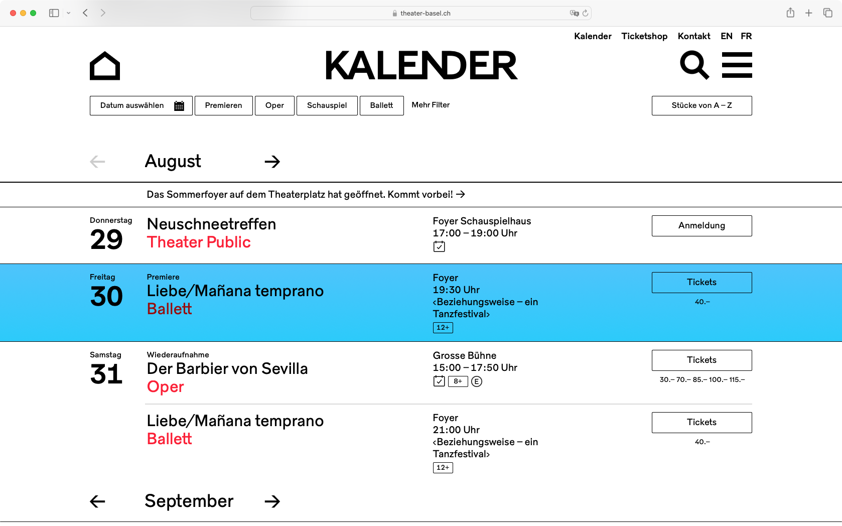 Screenshot Kalender Theater Basel